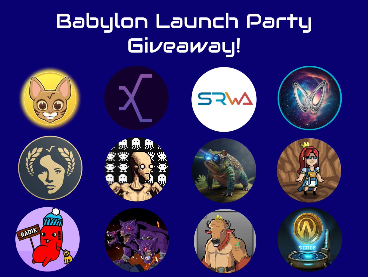 THE MOTHER OF ALL #RADIX GIVEAWAYS IS HERE! 🤩 Join our Babylon Launch Party for a chance to win the following prizes:

💰 1,000 $XRD
💰 1,000 $OCI
💰 1,000 $IDA
💰 1,000 $ASTRL
💰 1,000 $DPH
💰 1,000 $CAVIAR

plus an exclusive <a href="/SRWAio/">SRWA.xrd</a> $RWA token airdrop! 🤯

Prizes also include