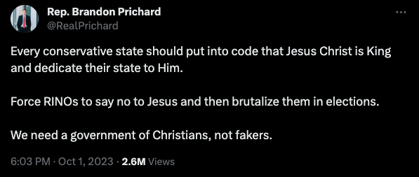 FFRFAction's tweet photo. Meanwhile, North Dakota state Rep. Brandon Prichard has earned the “Theocrat of the Week” title for recent outrageous social media comments. https://t.co/BwbHxZFq3a