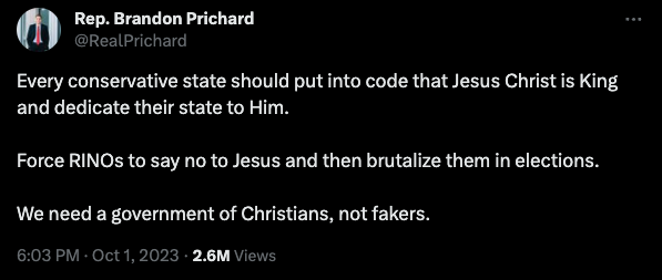 Meanwhile, North Dakota state Rep. Brandon Prichard has earned the “Theocrat of the Week” title for recent outrageous social media comments.