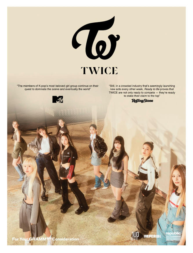 AboutMusicYT's tweet photo. TWICE's "For Your Consideration" banner for the 2024 Grammys. https://t.co/Bvek4v5ZcC