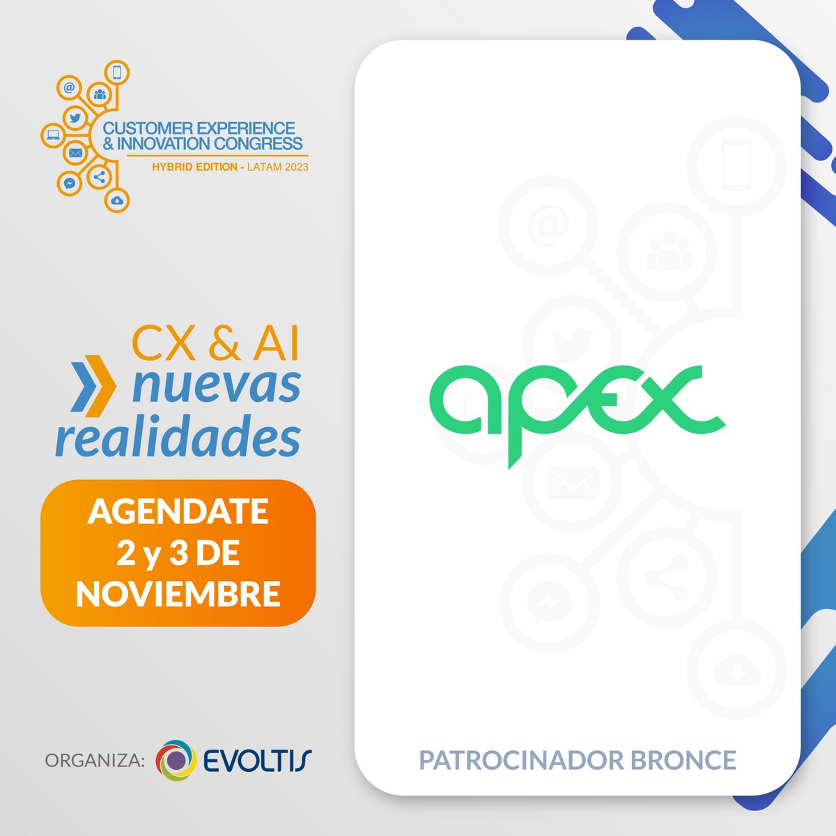 Bienvenido a <a href="/ApexamericaC/">ApexAmerica CanalesDigitales</a> Desde hace 19 años más de 50 marcas globales líderes los eligen para acompañarlas en las gestiones con sus clientes.
Conoce aquí el evento: cxcongress.evoltis.com
📧 cxcongress@evoltis.com
☎ 595-021-6160100
📲: 595-0985 74382