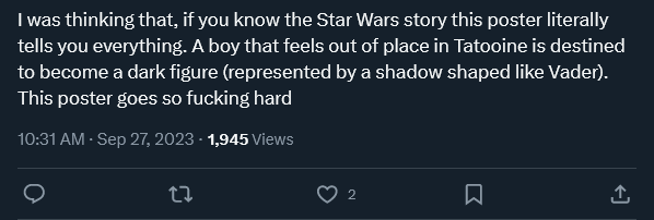 itsnarrative's tweet photo. This person is just being excited and not doing scholarship (and deserves no scorn), but the phrase "if you know the Star Wars story this poster literally tells you everything" is beautiful to me. It's like a koan or paradox or something about 21st-century media https://t.co/zV0OYjqOx0