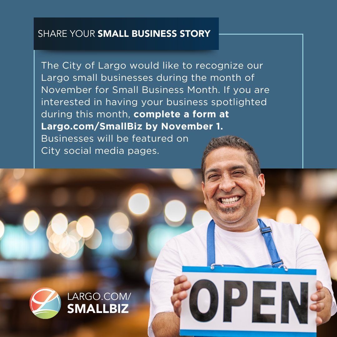 #CityofLargo would like to recognize our Largo small businesses during November for #SmallBusinessMonth. 

Want to share your #Largo biz story? Complete a form at Largo.com/SmallBiz by Nov 1.

<a href="/LargoMayor/">Woody Brown</a> <a href="/TBNwebmaster/">Tampa Bay Newspapers</a> <a href="/abcactionnews/">ABC Action News</a> <a href="/FOX13News/">FOX 13 Tampa Bay</a> <a href="/10TampaBay/">10 Tampa Bay</a> <a href="/BAYNEWS9DESK/">TINA'S TWEET DECK</a>