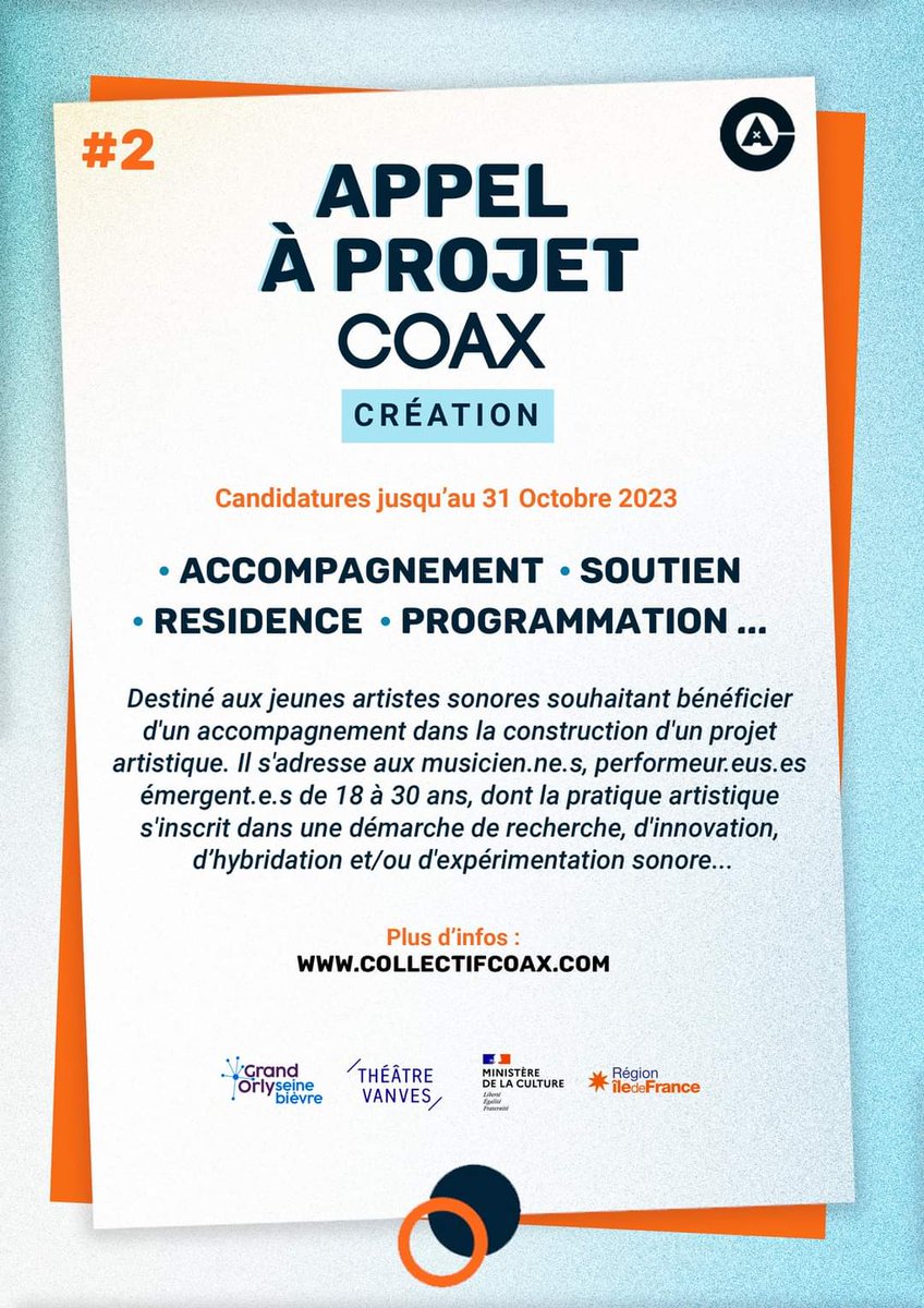 collectifcoax's tweet photo. 📝 𝗔𝗣𝗣𝗘𝗟 𝗔 𝗣𝗥𝗢𝗝𝗘��� |  𝗖𝗮𝗻𝗱𝗶𝗱𝗮𝘁𝘂𝗿𝗲𝘀 𝗷𝘂𝘀𝗾𝘂'𝗮𝘂 𝟯𝟭 𝗢𝗰𝘁𝗼𝗯𝗿𝗲 𝟮𝟬𝟮𝟯 ➜ https://t.co/ki5yulmQhM #appelaprojet #tremplin #bourse #residence #creation #artistesonore https://t.co/ilxWZgzQPc