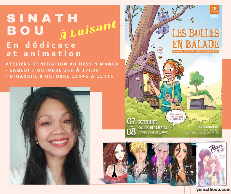 [ EN DÉDICACE ET ANIMATION D'ATELIERS MANGA ]
J'ai le plaisir de vous donner rendez-vous ce weekend samedi 7 et dimanche 8 octobre 2023 à Luisant ! 

👉 Pour consulter le programme complet : shorturl.at/cDETY

@villedeluisant  #sinathbou #ateliermanga #lesbullesenbalade