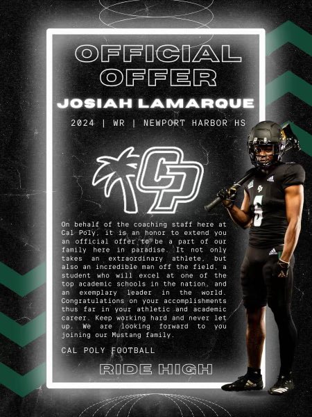 After a great conversation with @CoachWulff I am extremely humbled and grateful to announce that I have a received an offer from the University of Cal Poly San Luis Obispo!! @CoachLofthouse @NHTarsFootball @Lumberjack36