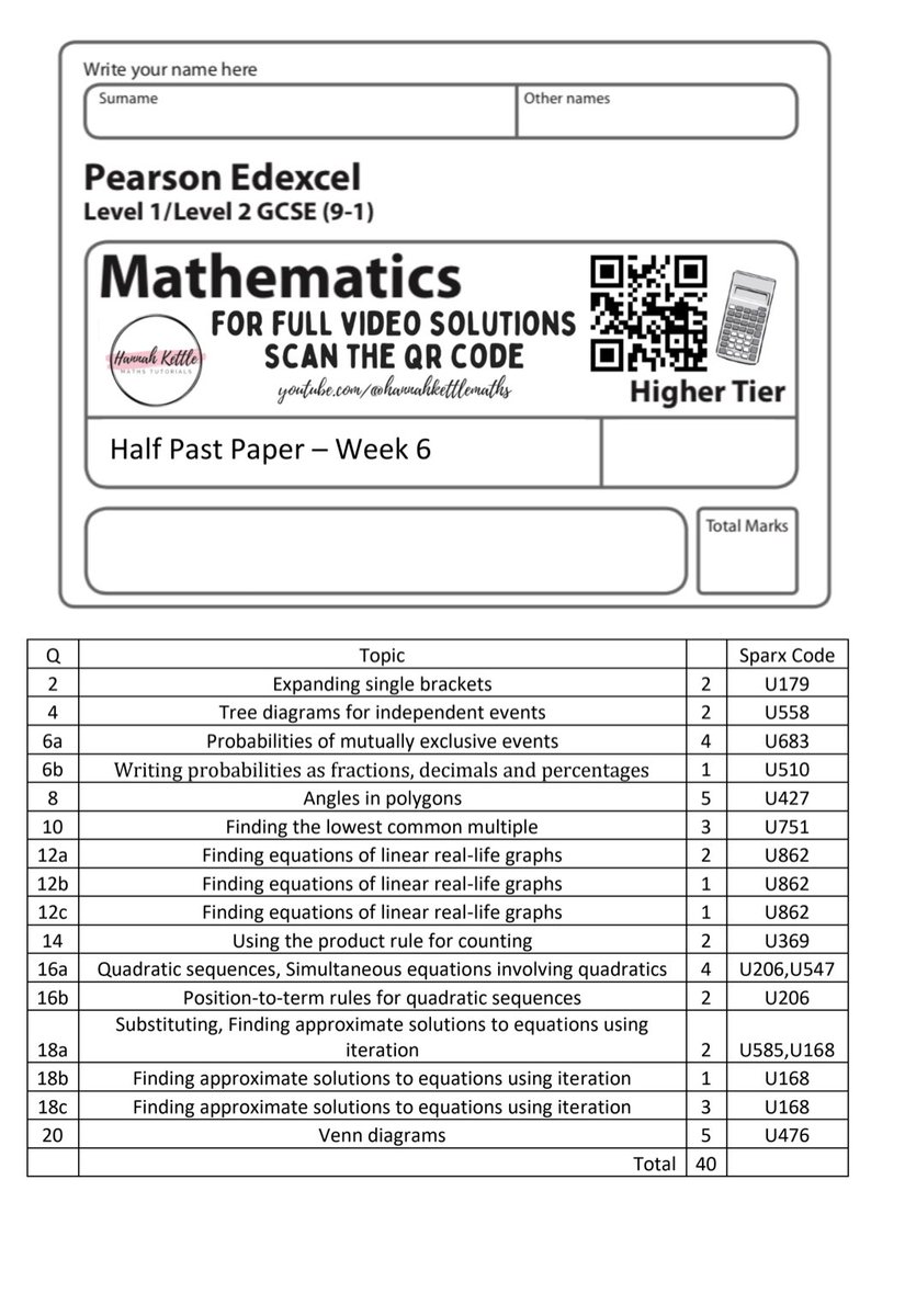The half past papers for Week 6 are up on my website (hannahkettlemaths.co.uk) Here’s what Higher looks like! I’m a HOD and we set them as Homework for our Y11s. ✅ Sparx Codes on the front. ✅ QR code for YouTube tutorial. ✅ LIVE on TikTok on Thursday eve! (@hannahkettlemaths)