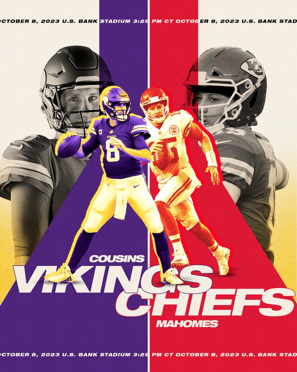 Vikings's tweet photo. It's time for a showdown! The Minnesota Vikings take on the Kansas City Chiefs this Sunday at U.S. Bank Stadium - don't miss out on the action! https://t.co/JetaBzlSVI