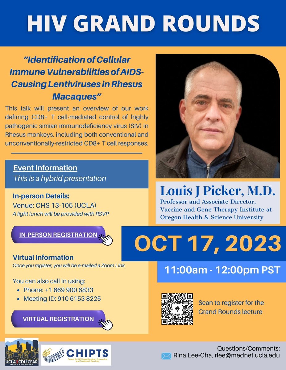Join us for the next #HIVGrandRounds virtual session on Oct. 17, 2023, at 11am PT! Dr. Louis J Picker will present an overview on CD8+ T cell-mediated control of highly pathogenic simian immunodeficiency virus (SIV) in Rhesus monkeys. Register here: tinyurl.com/y3u68zus