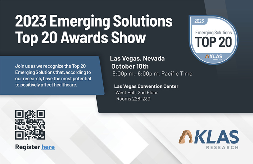 KLAS Research (@klasresearch) on Twitter photo Attending HLTH? Join us for the 2023 Emerging Solutions Awards Show, where KLAS will recognize the Top 20 Emerging Solutions positively affecting healthcare.
Register here: ow.ly/jHQh50PU2Gc
#EmergingSolutions #HLTH Attending HLTH? Join us for the 2023 Emerging Solutions Awards Show, where KLAS will recognize the Top 20 Emerging Solutions positively affecting healthcare.
Register here: ow.ly/jHQh50PU2Gc
#EmergingSolutions #HLTH
