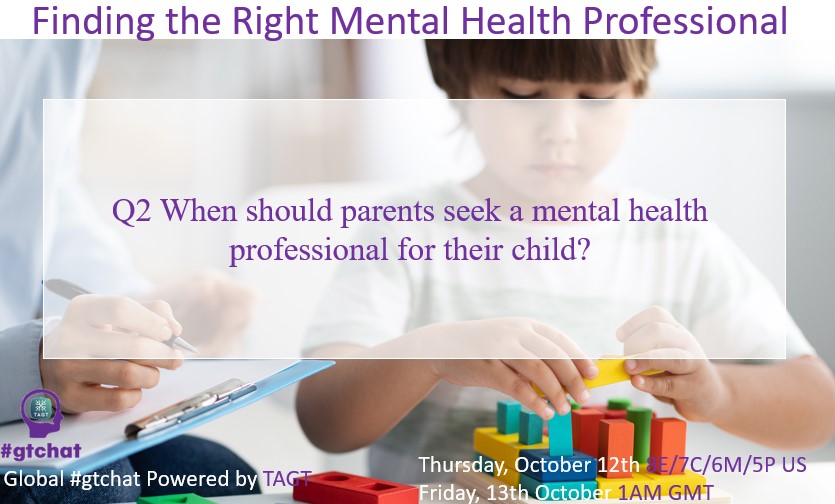 gtchatmod's tweet image. Q2 When should parents seek a mental health professional for their child? #gtchat