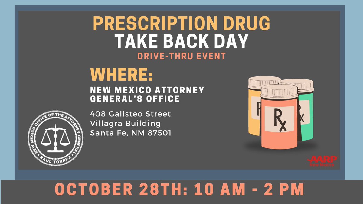 NewMexicoDOJ's tweet photo. The New Mexico Attorney General’s Office is working in conjunction with the DEA for Drug Take Back Day, which provides an opportunity for Americans to prevent drug addiction and overdose deaths. #rxtakebackday #nmag #aarpnm #dea #drugtakebackday https://t.co/NP33yklYP5
