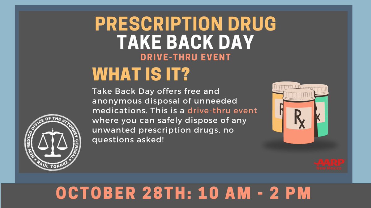 NewMexicoDOJ's tweet photo. The New Mexico Attorney General’s Office is working in conjunction with the DEA for Drug Take Back Day, which provides an opportunity for Americans to prevent drug addiction and overdose deaths. #rxtakebackday #nmag #aarpnm #dea #drugtakebackday https://t.co/NP33yklYP5