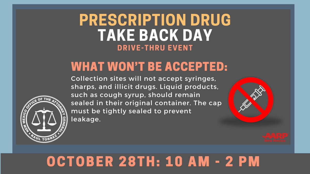 NewMexicoDOJ's tweet photo. The New Mexico Attorney General’s Office is working in conjunction with the DEA for Drug Take Back Day, which provides an opportunity for Americans to prevent drug addiction and overdose deaths. #rxtakebackday #nmag #aarpnm #dea #drugtakebackday https://t.co/NP33yklYP5