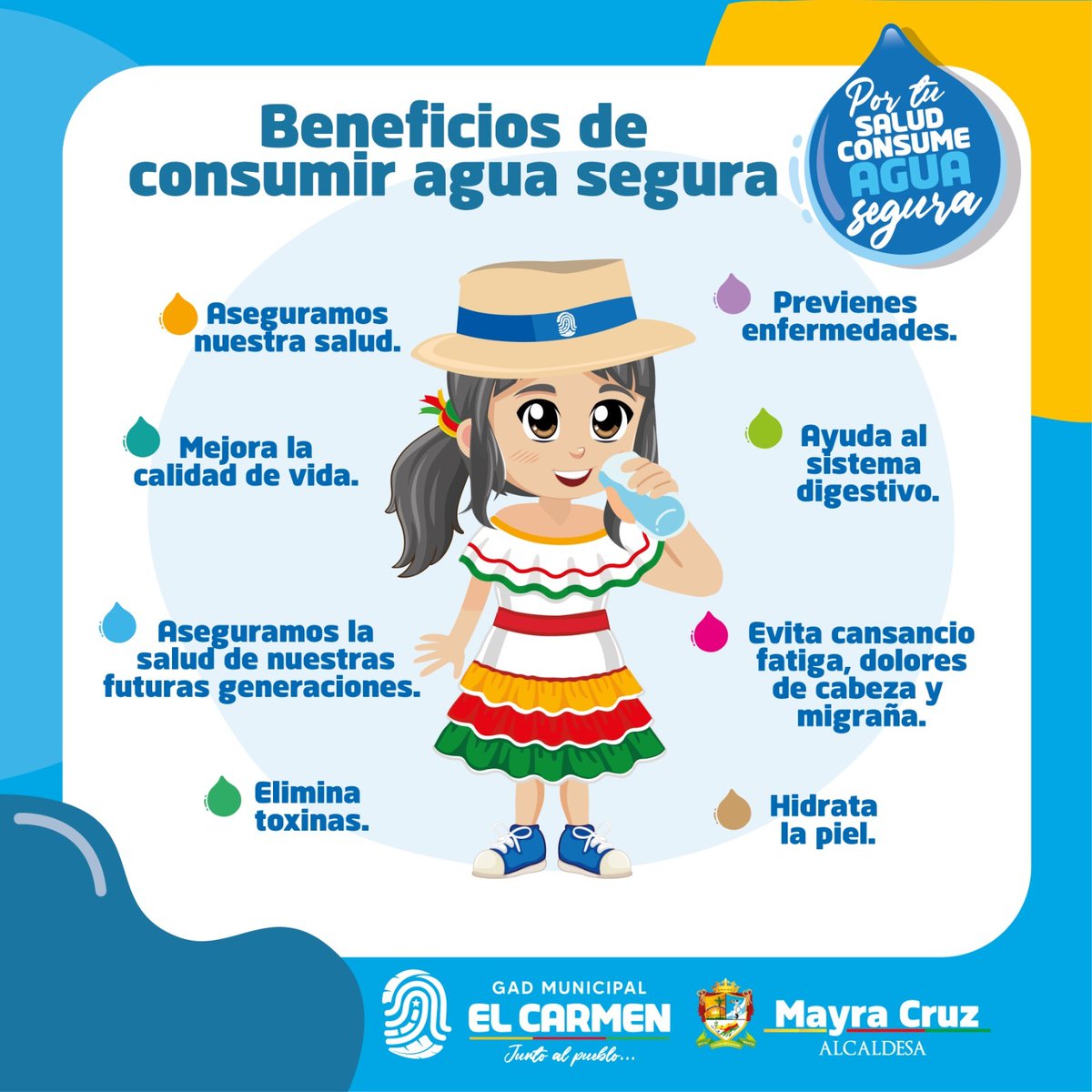 💧Los beneficios de consumir agua segura. 
Carmelina sabe que para consumir agua segura debemos de cuidarla y darle tratamiento porque solo así prevenimos enfermedades y mejoramos nuestra calidad de vida. #PorTuSaludConsumeAguaSegura #CuidaElCarmenYDejaTuHuella