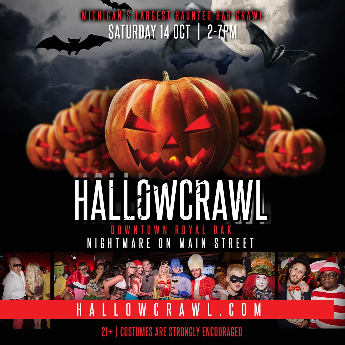 EliveEnt's tweet image. SAT 10/14: The Official Halloween Bar Crawl - Royal Oak. 🎃👉 Learn More: Hallowcrawl.com