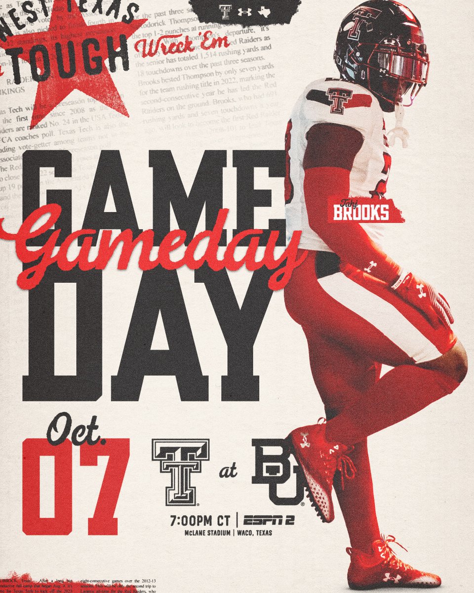 TexasTechFB's tweet photo. Gameday in Waco‼️

🆚: Baylor
📍: McLane Stadium
⏰: 7 PM
📺: ESPN2

#WreckEm https://t.co/vS5pd9RA30