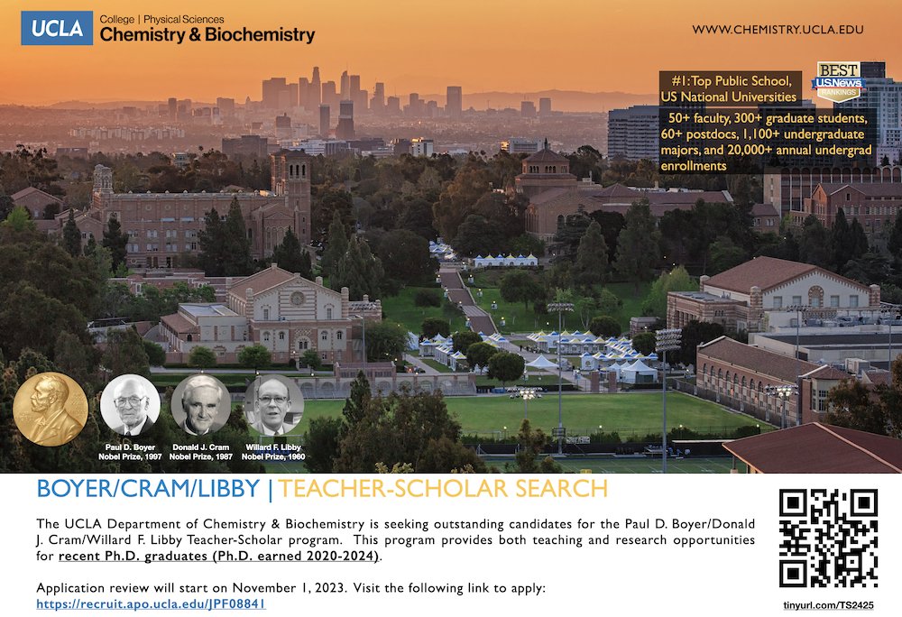 We are seeking candidates for the 2024-25 Boyer/Cram/Libby Teacher-Scholar program. This program provides teaching &amp; research opportunities for Ph.D. grads (Ph.D. earned 2020-24). Apply here: recruit.apo.ucla.edu/JPF08841 <a href="/Chemjobber/">Chemjobber</a> <a href="/uclaphyssci/">Physical Sciences UCLA</a>