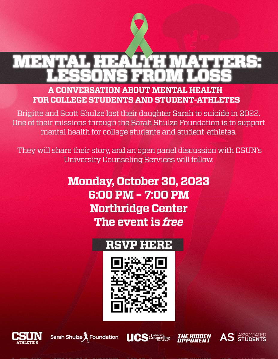 #MentalHealthMatters 
#CSUN Student-athletes and coaches on Monday, October 30th @ 6 pm the  #sarahshulzefoundation will present on mental health in the University Student Union. Please join us!
#Gomatadors