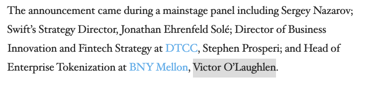 BuyMoreLink's tweet photo. We already know Chainlink has some connection to Fireblocks via the SWIFT projects and working with banks that utilize Fireblocks.

At the Goldman Sachs conference, Sergey will be talking with Michael Shaulov from Fireblocks.

Michael was just on a Panel presenting at the New York Fed Conference on Fintech regarding AI and Digital Assets on September 29th 2023.

Specifically, Michaels talk was on the changing landscape of Financial Market Infrastructure. 

Who spoke with him on this panel? Victor O'Laughlen from BNY Melon. Why is that interesting? Because he was on stage with Sergey at Smartcon 2022 when they announced the SWIFT POC with Chainlink.

These are representatives from the big financial players attending New York Fed events, where the Federal Reserve Bank of New York committee is listening to them talk about digital asset infrastructure.

Meanwhile, these guys are working with Chainlink to develop and transform digital asset infrastructure.

The $LINK bread crumbs run deep. I dont even think we can call them crumbs anymore at this point.