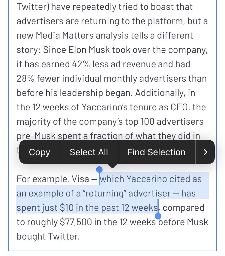 Oh my god. When Linda Yaccarino said that Visa was a “returning advertiser” she meant the company spent $10 on Twitter ads in the last 12 weeks. Not ten million. Not ten thousand. Ten dollars.