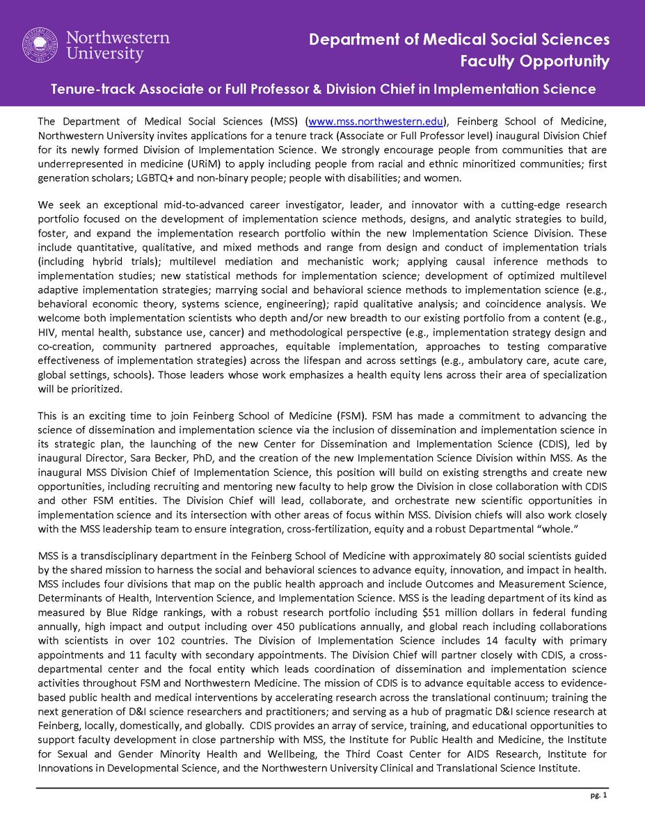 Rinad Beidas, PhD (@rsbeidas) on Twitter photo I'm thrilled to share the exciting news that <a href="/MSSatNU/">Northwestern MSS</a> is recruiting an inaugural Division Chief #impsci. Come join our incredible <a href="/NUFeinbergMed/">Northwestern Feinberg School of Medicine</a> #impsci community and help us advance #imspci methods in partnership with <a href="/nu_ipham/">Public Health & Medicine (IPHAM) @NorthwesternU</a> #CDIS 💜 facultyrecruiting.northwestern.edu/apply/MTk0MQ== I'm thrilled to share the exciting news that <a href="/MSSatNU/">Northwestern MSS</a> is recruiting an inaugural Division Chief #impsci. Come join our incredible <a href="/NUFeinbergMed/">Northwestern Feinberg School of Medicine</a> #impsci community and help us advance #imspci methods in partnership with <a href="/nu_ipham/">Public Health & Medicine (IPHAM) @NorthwesternU</a> #CDIS 💜 facultyrecruiting.northwestern.edu/apply/MTk0MQ==
