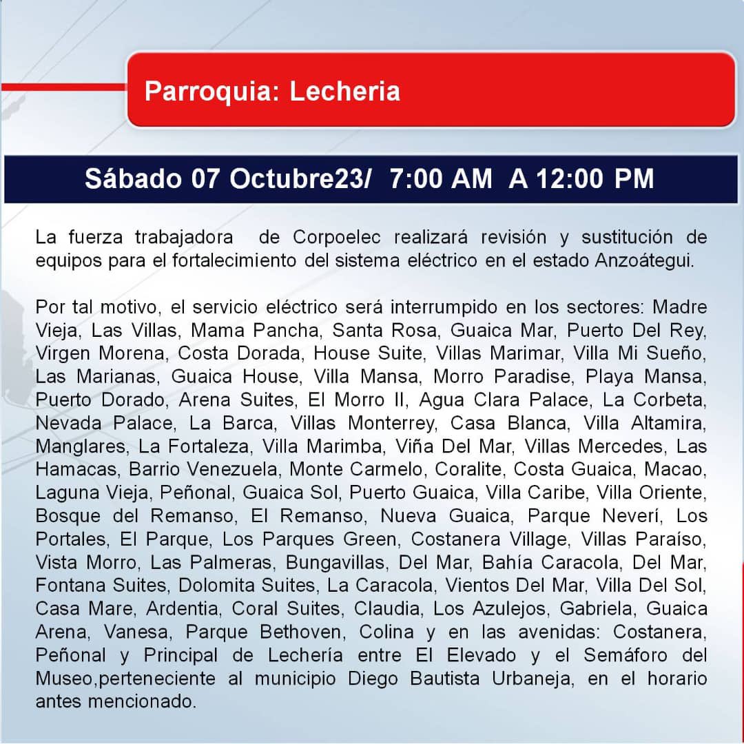 manuelferreiraG's tweet image. #Corpoelec actualizó la información sobre los sectores que se verán afectados por el mantenimiento de mañana entre las 07:00 am y 12:00 pm. Recordemos que suspenderán el servicio eléctrico para: