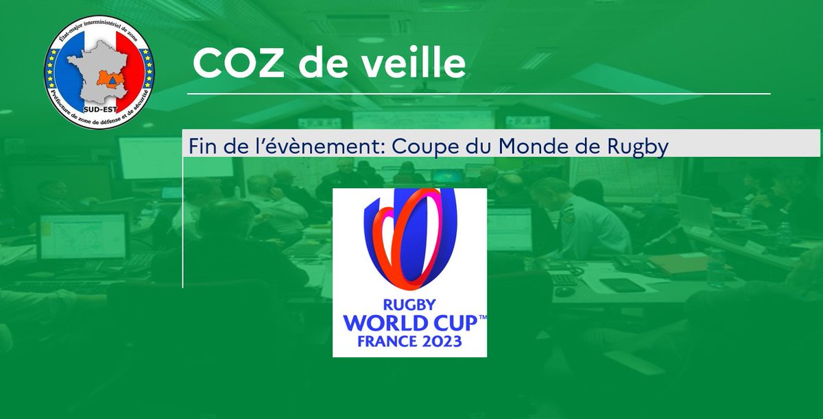 [#RWC2023] 🟢@coz_sudest reprend sa posture de veille. Aucun incident majeur à déplorer pendant🏉 France 🇫🇷 - Italie 🇮🇹 #FRAvITA @GroupamaStadium #Lyon 🙏Merci à tous les services qui sécurisent cet événement international👮🪖👩‍🚒👮‍♀️👩‍⚕️