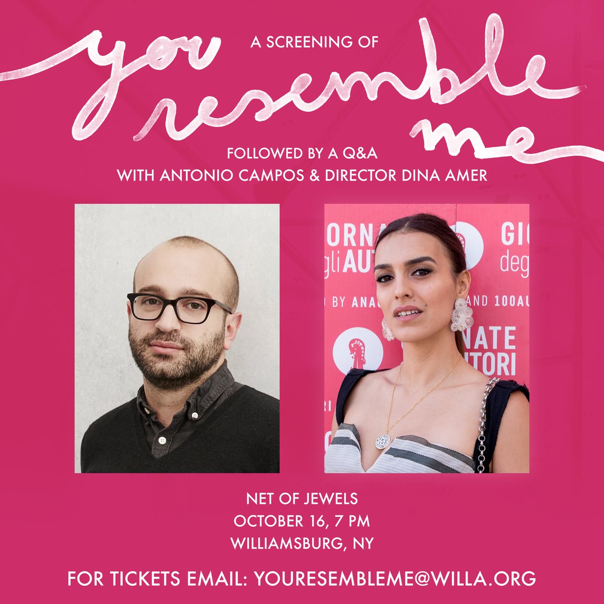 New Yorkers! Catch the first of three upcoming Q&A screenings of YOU RESEMBLE ME on October 16th. Antonio Campos will be joining Director Dina Amer for a Q&A following the screening. Don't miss it! #YouResembleMe