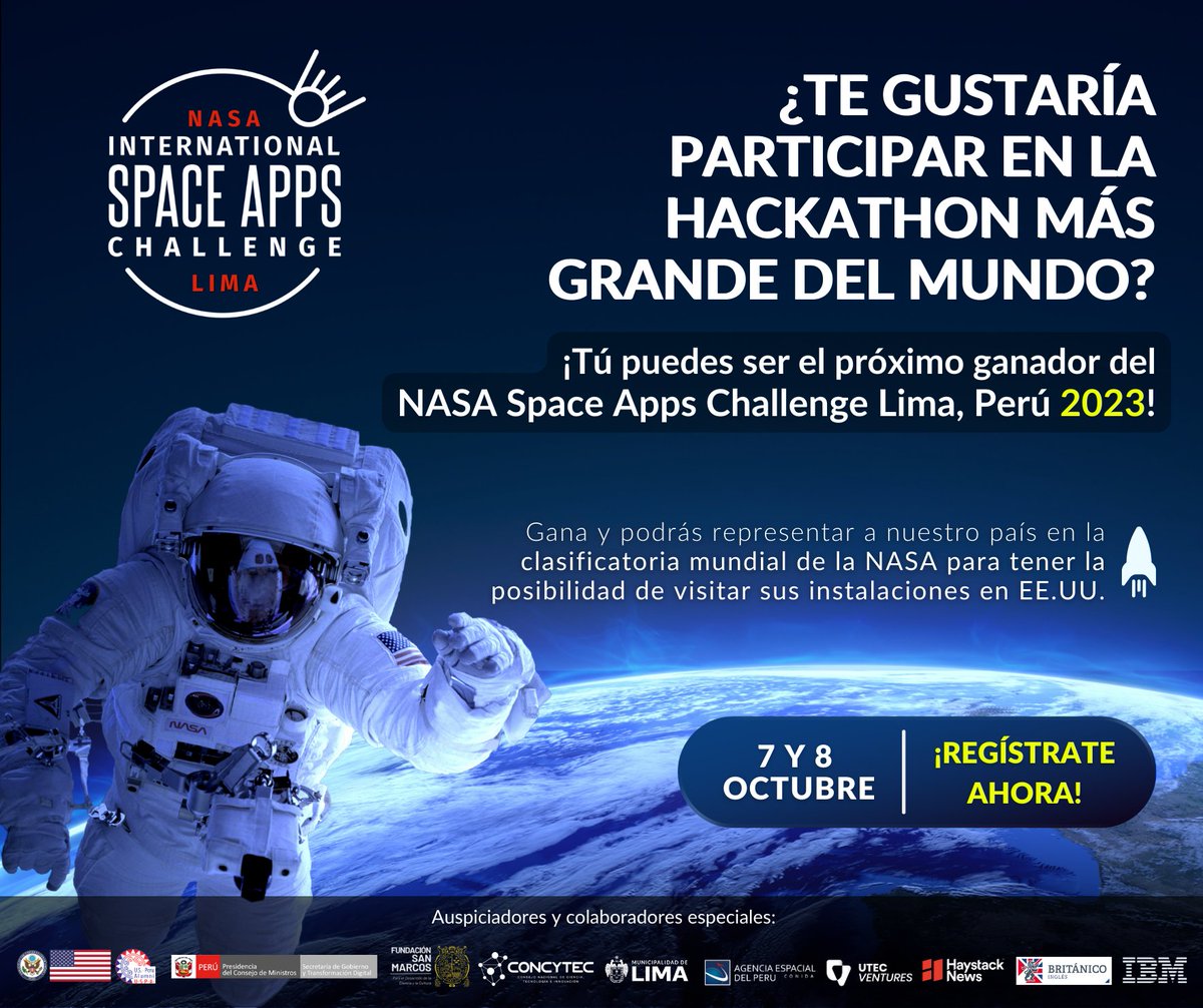 NASASpaceAppsPE's tweet photo. #Hoy Inicia el "NASA Space Apps Challenge Lima, Perú 2023! Sigue todas nuestras transmisiones en vivo a través de nuestro Facebook oficial: https://t.co/MeA3PSD8hX Mayor información: https://t.co/xYvWAlaqO8 https://t.co/Y7CQmJOLtu
