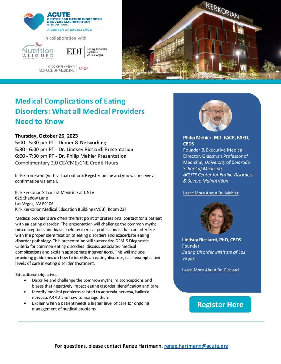 Don't miss this CE event on Medical Complications of Eating Disorders on October 26, 2023, from 5:00 PM - 7:30 PM at UNLV Kirk Kerkorian School of Medicine, Las Vegas. Open to all! Register Here: bit.ly/3tiR1Bn #EatingDisorderEducation
📅 Save the date! 📍 See you there!