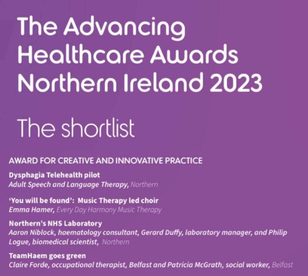 Super news that #TeamHaem @BelfastTrust colleagues; @ClaireForde12 and @PMcGrat42408214 have been shortlisted for the NI Allied Health Professionals Awards 2023 in the Creative & Innovative Practice Category for the rather lovely Team Haem Goes Green Project 🌿🌱🌳💚
#AHAwardsNI