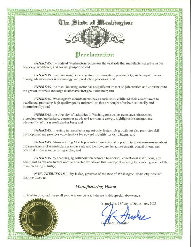 Today is #MFGDay2023 - we appreciate all our partners, clients, and organizations that drive manufacturing in our State. Please take a moment to read how @GovInslee is helping us acknowledge our industry. #madeinWA #Washingtonmfg #CreatorswantedWA #MFGMonth202