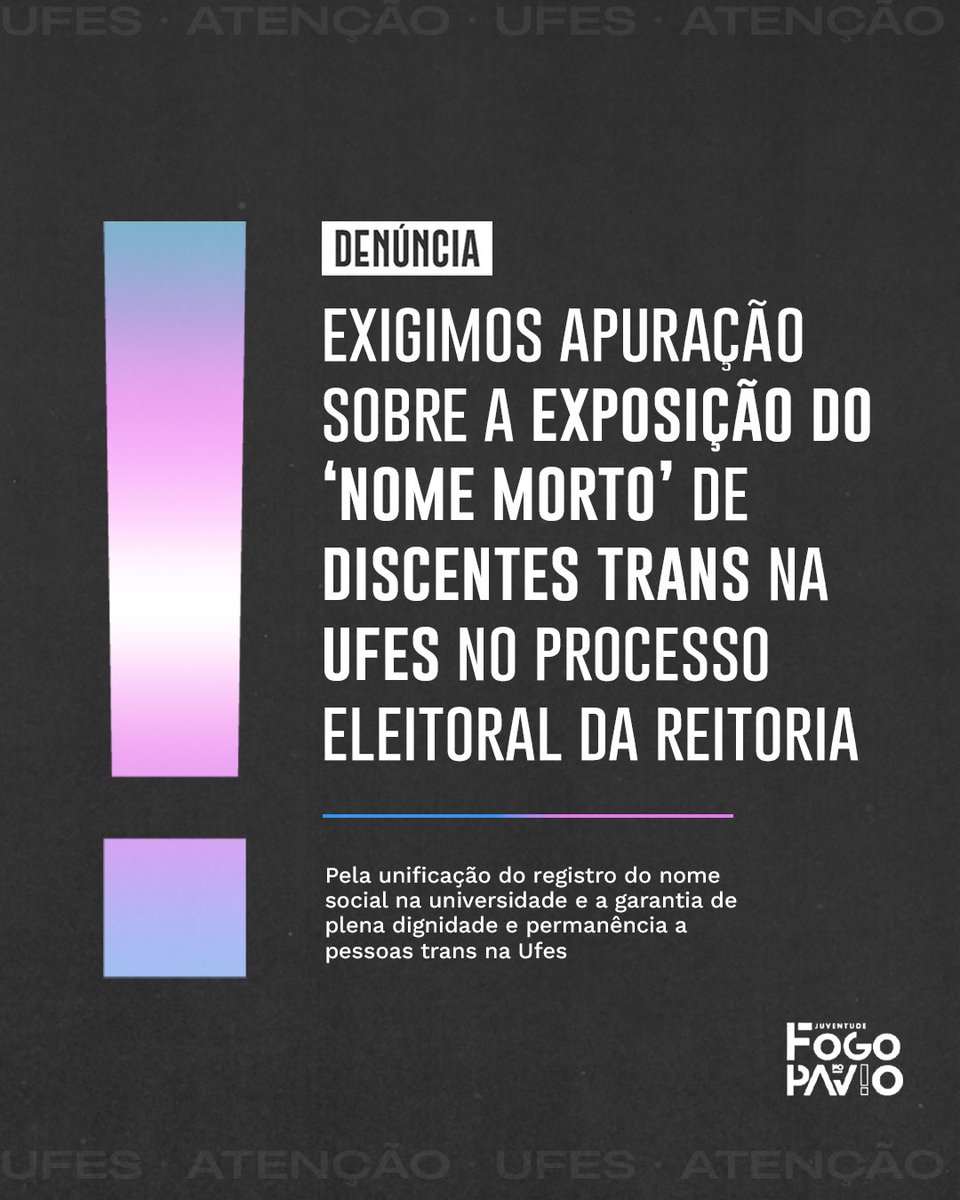 BrigadasES's tweet photo. ‼️ PELA AMPLA GARANTIA DO NOME SOCIAL NA UFES E PERMANÊNCIA DIGNA DE PESSOAS TRANS NA UNIVERSIDADE ‼️

Sobre a problemática exposição de nome morto de pessoas trans pela universidade, leia mais em:
https://t.co/DSfr0RDQLK https://t.co/t7sfdMVERc