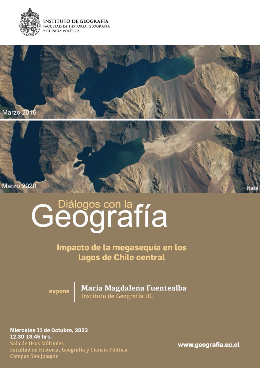 👏Ya estamos de regreso con un nuevo encuentro de “Diálogos con la Geografía”, en esta oportunidad conversaremos con nuestra profesora Magdalena Fuentealba, sobre el impacto de la megasequía en los lagos de Chile central. IMPERDIBLE‼️

11/OCT⏰12.30
Sala Usos Múltiples <a href="/HGCP_UC/">Facultad Historia, Geografía y Ciencia Política UC</a>