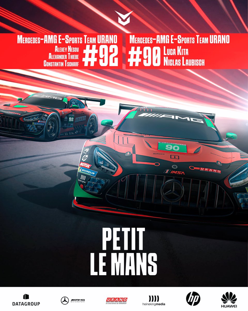Our <a href="/amgmotorsport/">Mercedes-AMG Motorsport</a> GT3 Lineup for the #iRacing Petit Le Mans

#90 
Luca Kita
<a href="/NiclasLaubisch/">Niclas Laubisch</a> 

#92
<a href="/AlexNesov/">Alexey Nesov</a> 
<a href="/AlexThiebe/">Alex Thiebe</a> 
<a href="/TscharfC/">C. Tscharf</a> 

#vcoesports #vcograndslam