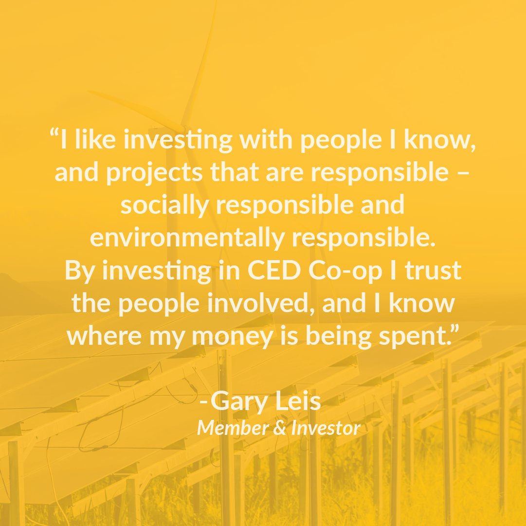 Are you wondering why investing in CED Co-op's solar projects might be your best option? Here's what one of our members, Gary Leis, thinks about us!
Explore more: cedco-op.com

#divest #invest #community #projects #fossilfuels #sustainability #solarenergy #clean #green