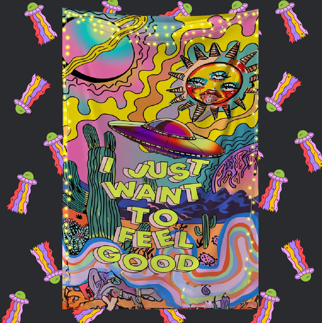 Elevate your space with our 'I Just Want to Feel Good' tapestry. Tag #shopalienated and share your favorite Alienated Tapestry✌️ #alienshop #trippytapestry