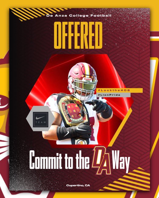 TRULY GRATEFUL❗️After a great conversation with <a href="/CoachUmufuke/">Sione Umufuke</a>  I’m proud announce my 5th offer from <a href="/DALionsFootball/">De Anza College Football</a> ❗️<a href="/Coach_Dags/">Joe D'Agostino</a> <a href="/BrandonHuffman/">Brandon Huffman</a> <a href="/Timbothy_Davis/">🏂Timbo B. Davis 🏈</a> <a href="/CoachNavarro907/">Alex Navarro</a> #LIONPRIDE