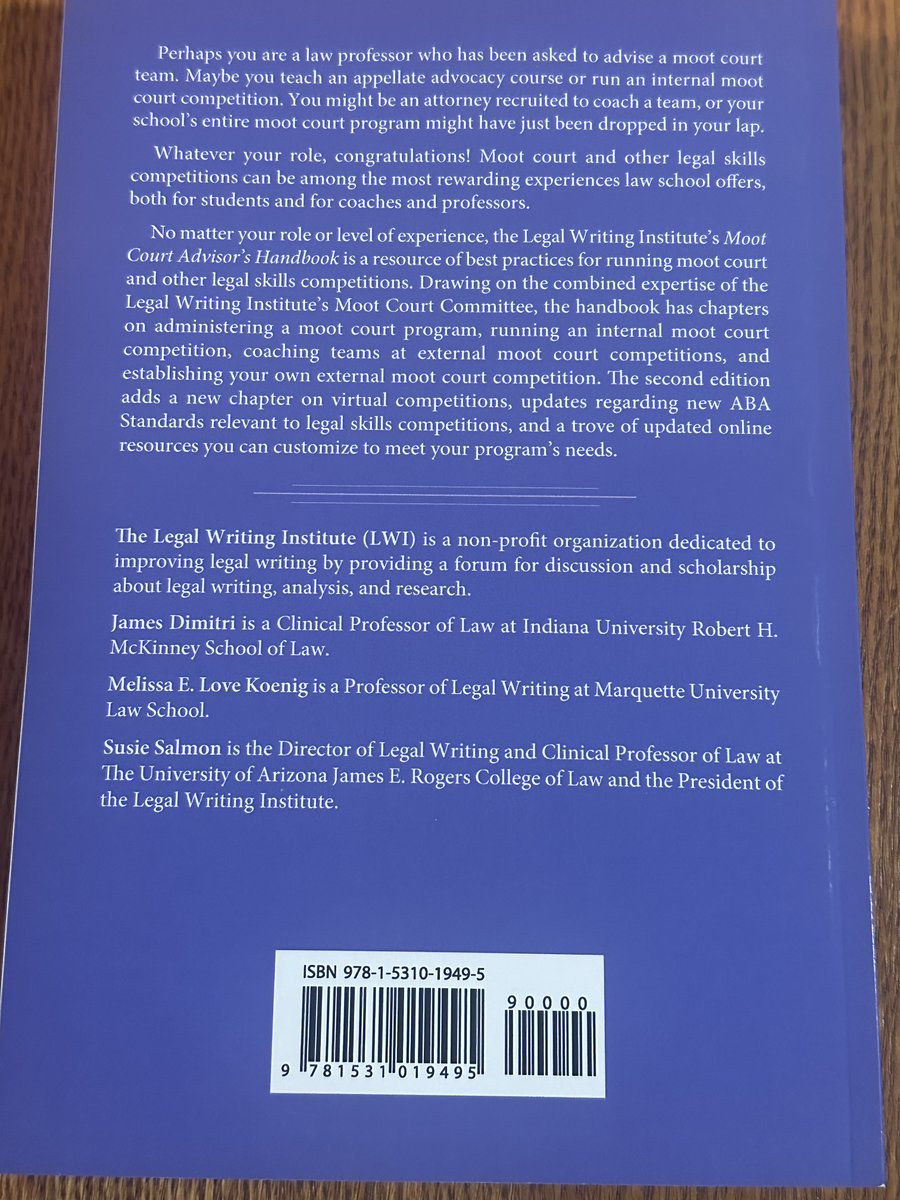 UALawLeglWritng's tweet photo. The second edition of The Moot Court Advisor's Handbook, co-authored by @uarizonalaw Director of Legal Writing Susie Salmon, has just been published! New chapter on virtual competitions; info on relevant new ABA Standards; tips on diversity, equity, and inclusion, and more! https://t.co/VHTz17DE5v