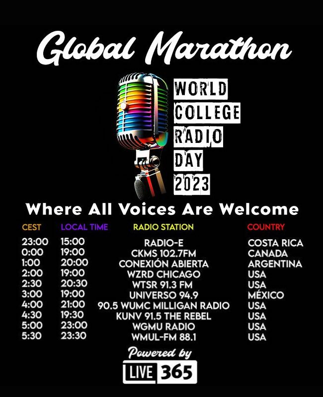 6 more hours of the 24-Hour Global Marathon in celebration of <a href="/wcrd_official/">WCRD - College Radio</a> World College Radio Day!

TONIGHT hear from Conexión Abierta from Argentina, Universo 94.9 from Mexico, WGMU from the USA, and more! 

🎧 player.live365.com/a29386