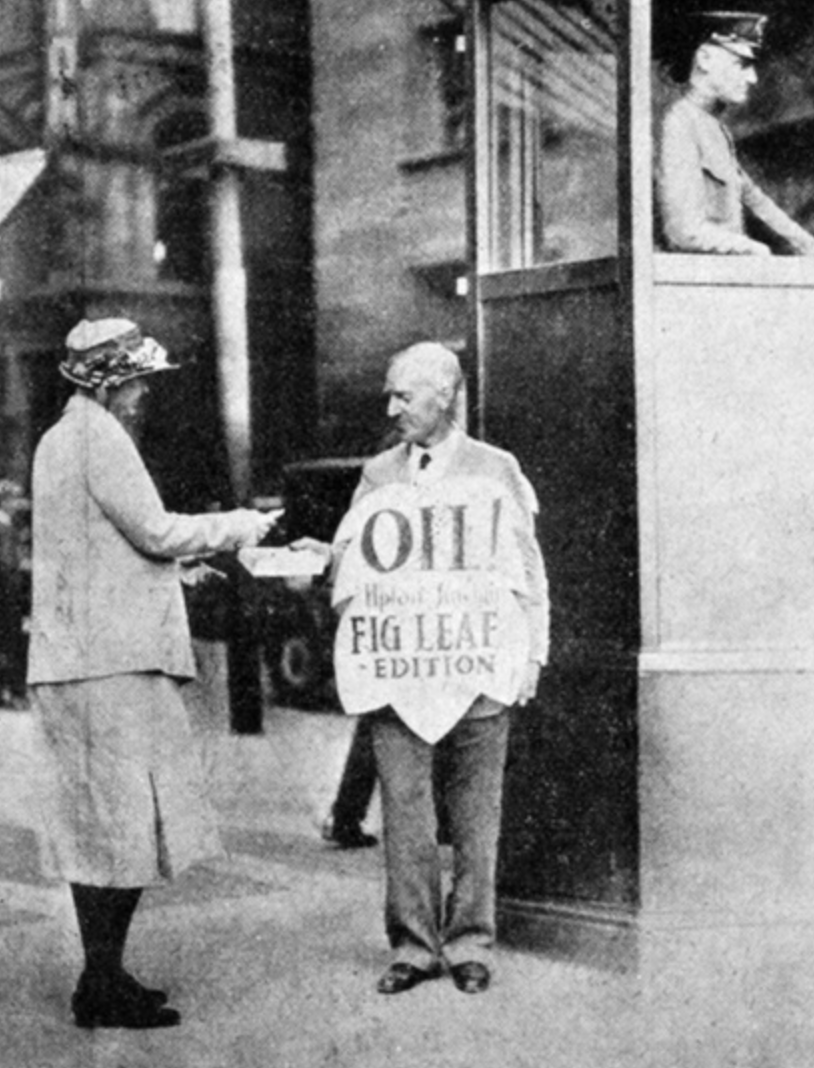 Pulitzer Prize winner and New York Times bestseller Upton Sinclair not afraid of losing his dignity selling the Fig Leaf paperback edition of Oil! in Boston