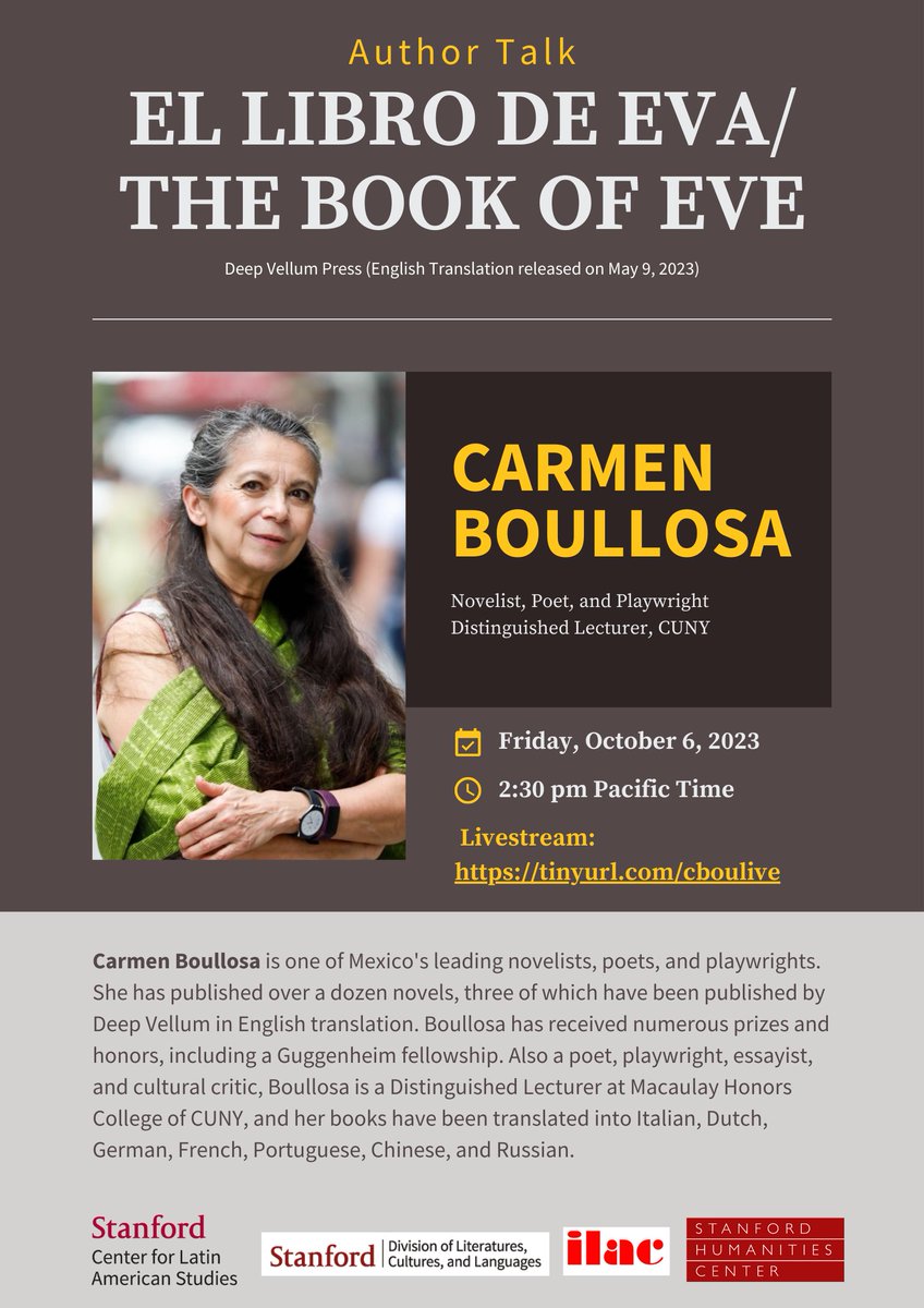 Join us today Friday, October 6 at 2:30 pm: Book Talk By Carmen Boullosa @carmenboullosa : El Libro De Eva / The Book Of Eve Livestream here: tinyurl.com/cboulive