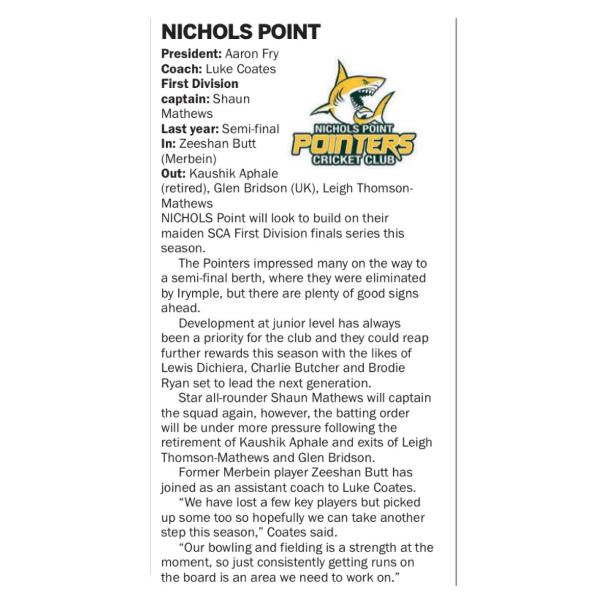 NicholsPointCC's tweet photo. Sunraysia Daily SCA 2023/24 Preview

#webleedgreenandgold https://t.co/Vac328wk8X