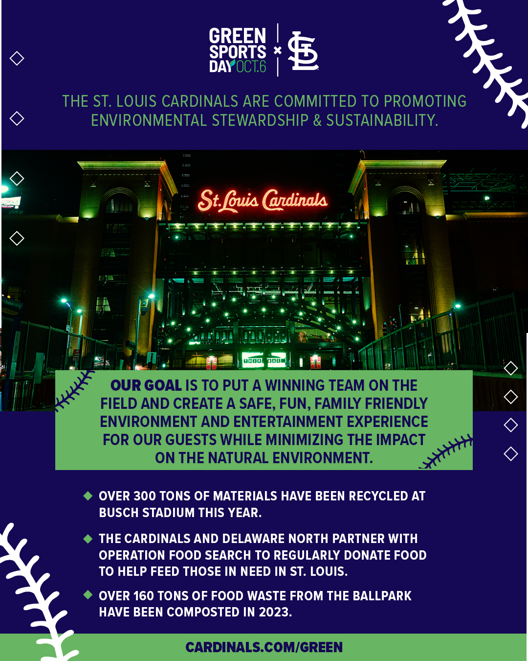 St. Louis Cardinals on X: We're lighting Busch Stadium green tonight in  honor of #GreenSportsDay! Green Sports Day is a celebration of the many  climate commitments already in progress at stadiums across