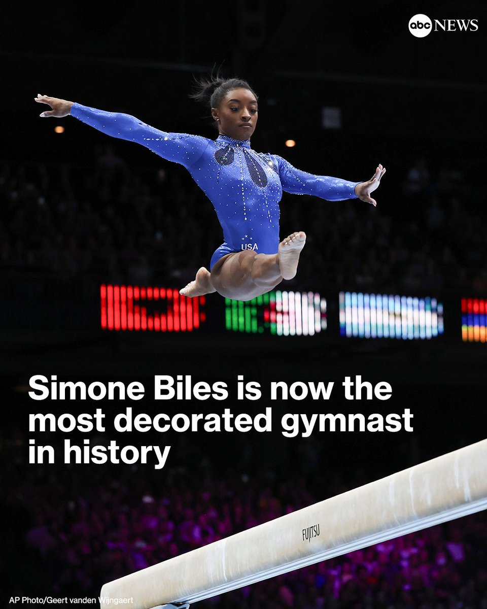 ABC's tweet image. CONGRATS! After a two-year absence, Simone Biles is back at the top of world gymnastics once again.

The American superstar won the individual all-around title at the world championships for the sixth time on Friday to become the most decorated gymnast in history.…