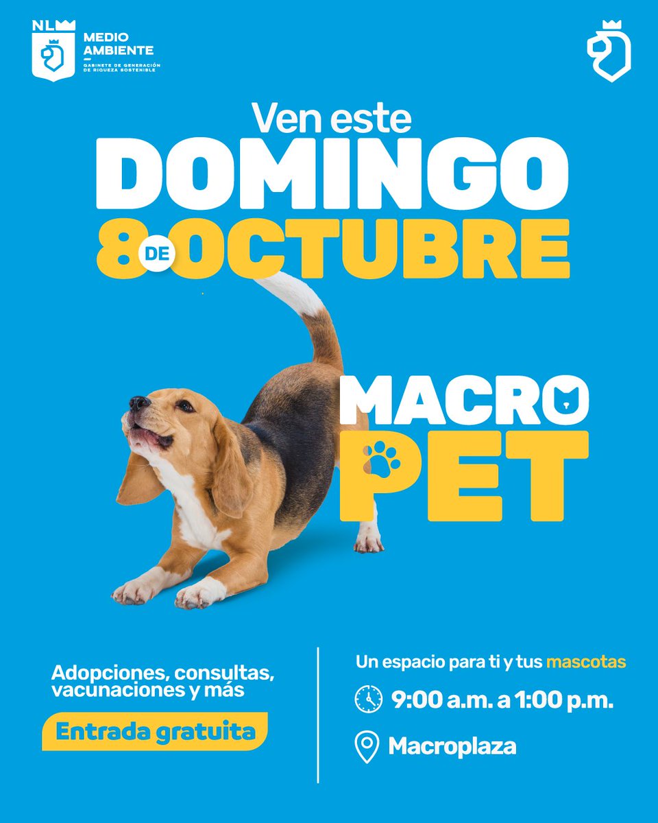 nuevoleon's tweet photo. Conoce a tu nuevo mejor amigo en el #MacroPet , una gran fiesta en donde podrás adoptar y darle un hogar a una mascota. La entrada es gratuita, te esperamos. 🐶🐱🩺✨
📅 Domingo 8 de octubre
📍 Macroplaza
🕰 9:00 a.m. https://t.co/9BfqjgCnFw