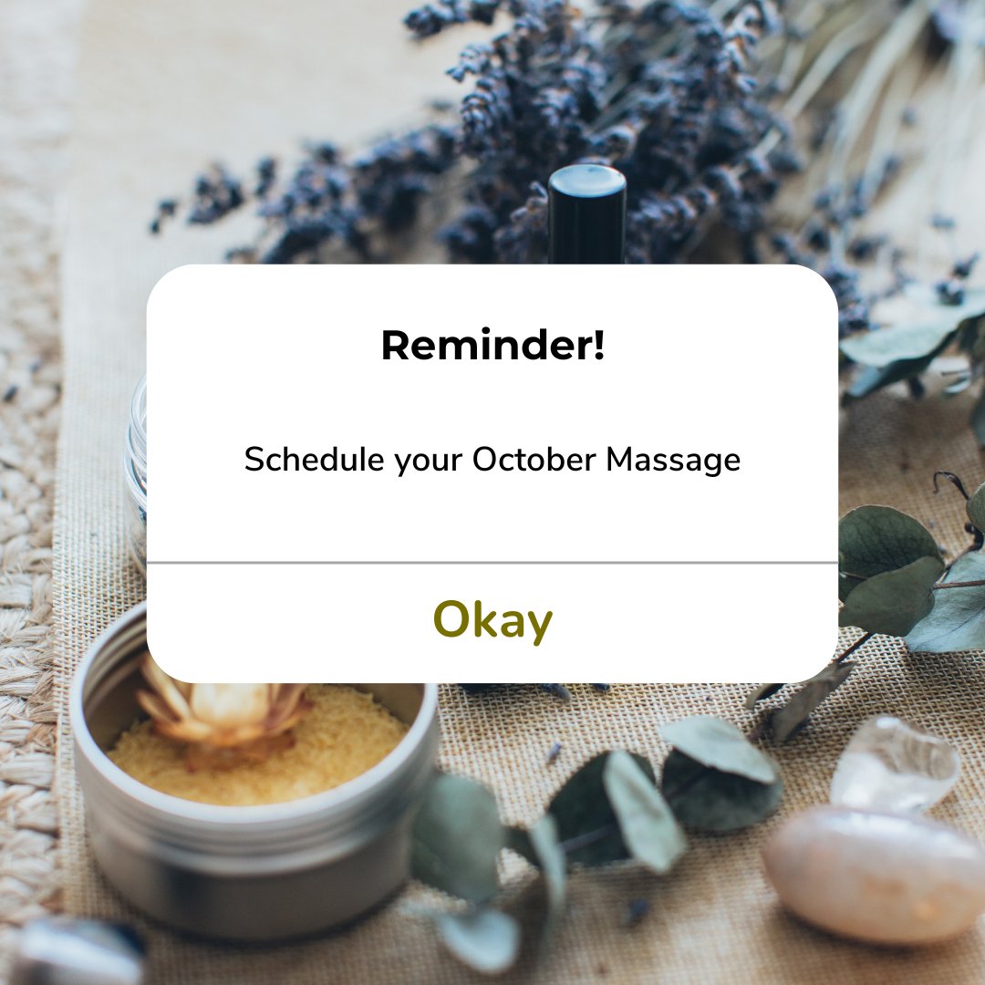 wellnessdenver's tweet photo. A reminder for our Monthly Massage Members - schedule your October massage! https://t.co/DtxKJXQpAj