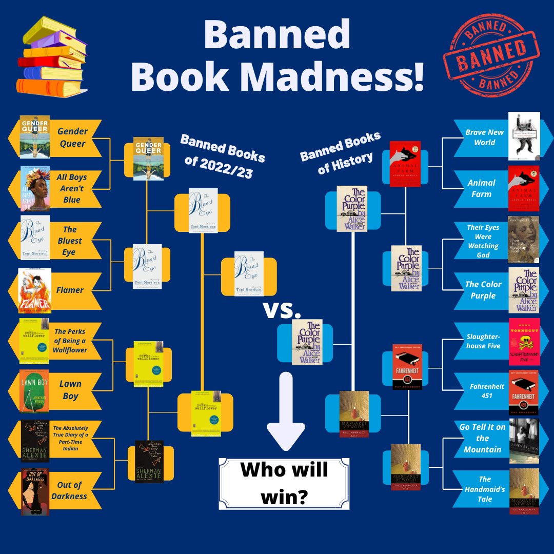 pacelibrary's tweet photo. Ready to vote in the Final Round? 

Head to https://t.co/b17DNjMdkU to vote for either Toni Morrison's The Bluest Eye or Alice Walker's The Color Purple 📚 Next week, we'll see which one is your favorite Banned Book of All Time!

#PaceLibraries #BannedBooksWeek2023 https://t.co/YB9IoAheW4