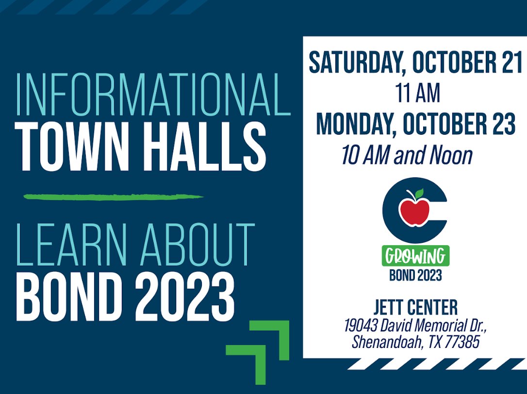 Mark your calendars for Bond 2023 Town Halls! On October 21 and 23, Dr. Curtis Null, Superintendent, will present information about Bond 2023 at the Jett Center and be available to answer questions from community members. We hope to see you there! Visit conroeisd.net/bond/